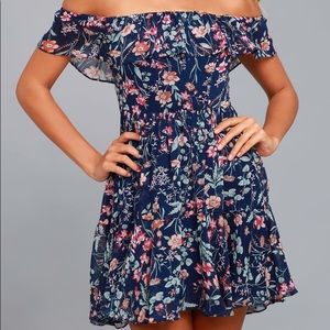 Navy blue floral print off the shoulder dress
